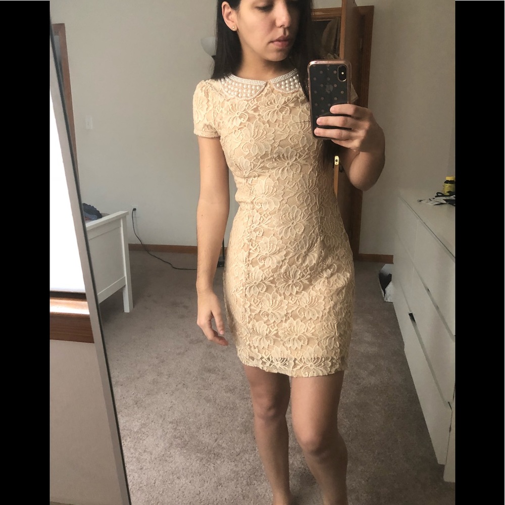 Lace nude dress beaded collar office career
